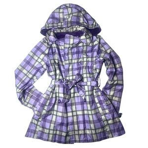 London Fog Purple Plaid Button Coat Hooded Rain Jacket